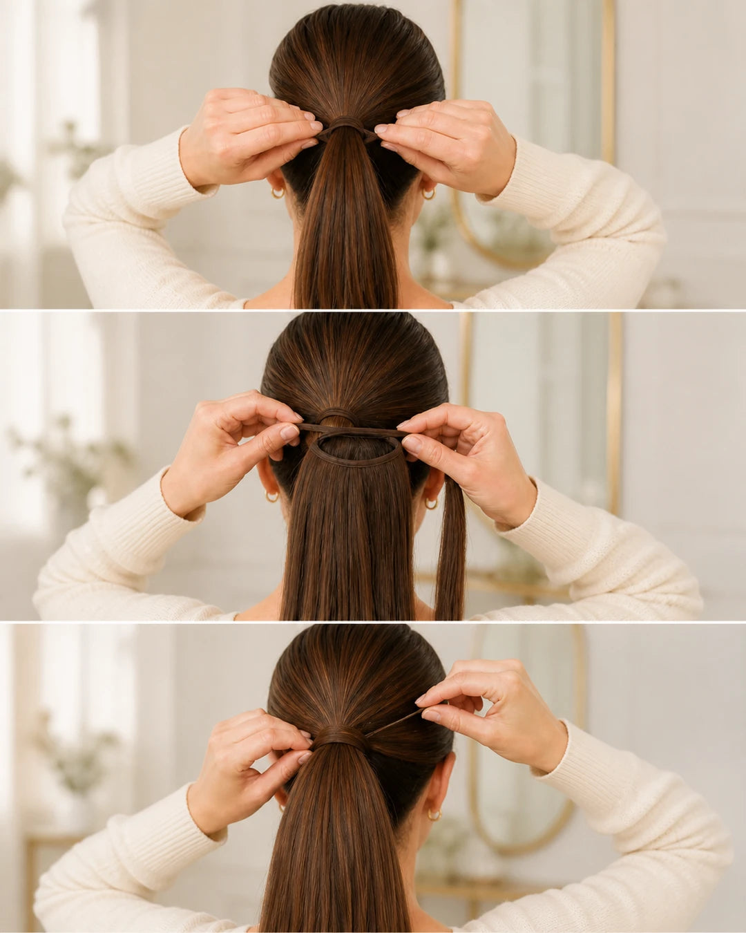 Three vertical steps showing ponytail preparation, extension attachment and wrap-and-pin finish