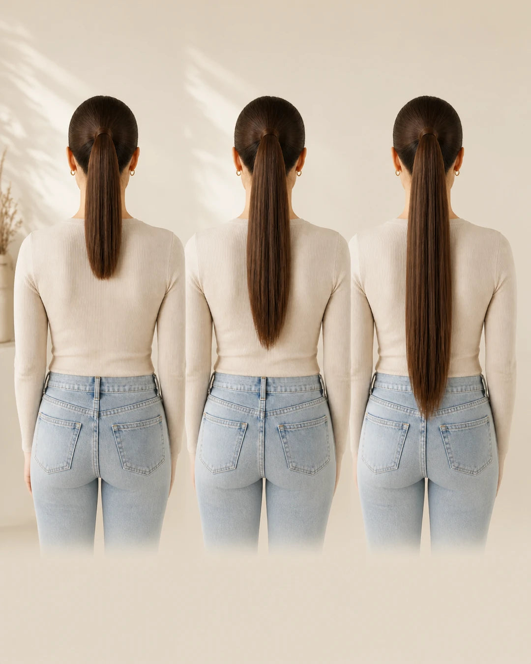 Three back views comparing short, medium and long wrap-around ponytail falls