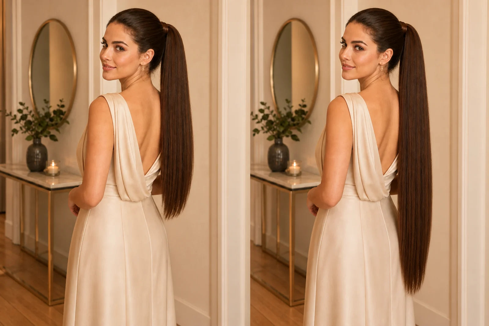Side-by-side comparison of 22-inch and 26-inch wrap-around ponytails
